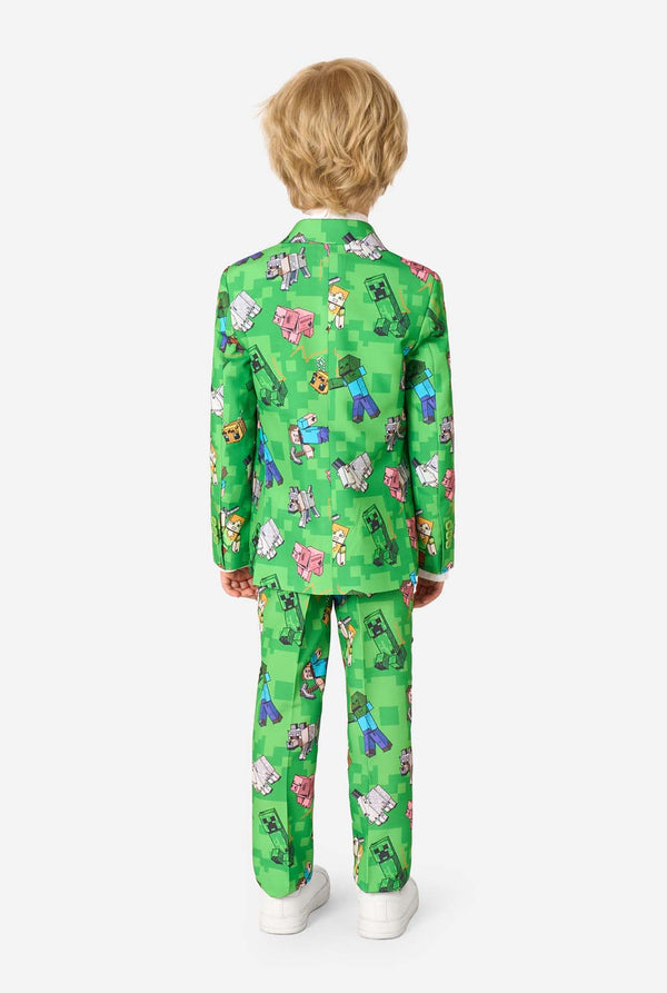 Back view of the Minecraft suit, showcasing the detailed all-over pixelated print with Minecraft mobs and characters, worn by kid.