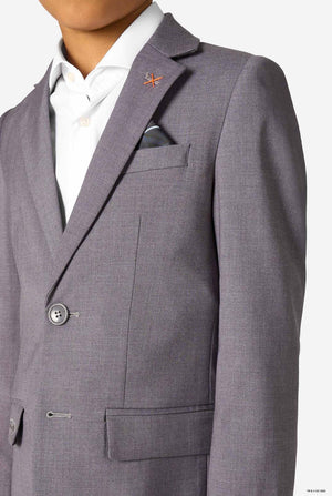 Gray suit jacket with a white shirt and pocket square on a white background
