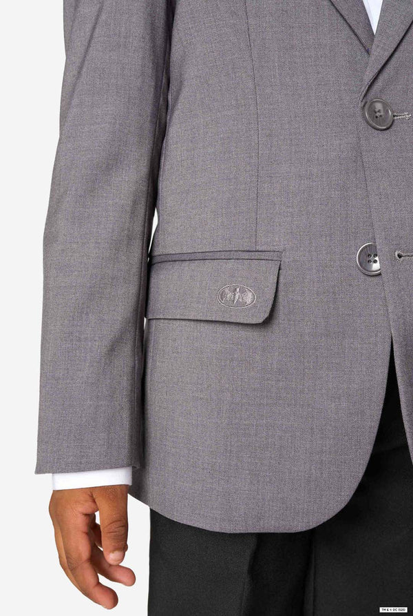Gray suit jacket with a pocket on a white background