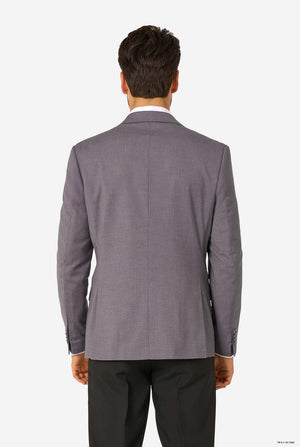 Gray suit jacket worn by a person on a grey background