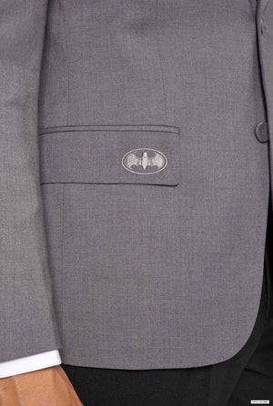 Gray suit jacket with a Batman logo on the chest pocket