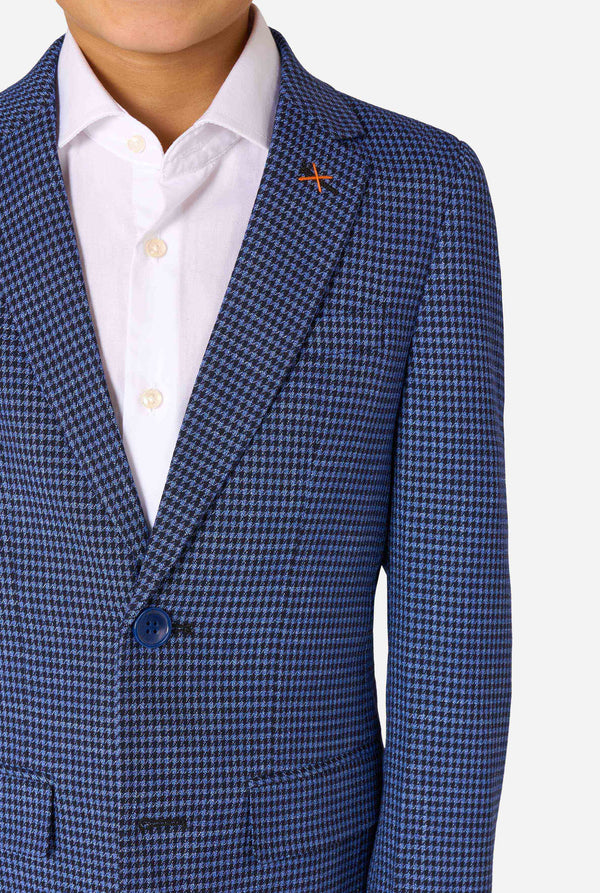 Blue checkered suit jacket worn by a person on a white background