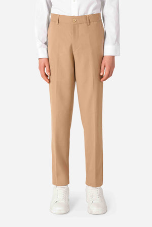 Teen boy wearing a stylish light brown/ beige suit with a white dress shirt, looking confidently in the camera. Perfect formal outfit for boys' special occasions, weddings, and parties. Pants close up.