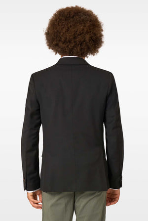 Person wearing a black blazer from behind on a white background