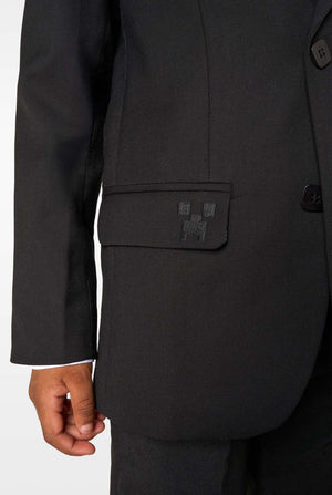 Black suit jacket with a logo patch on a white background