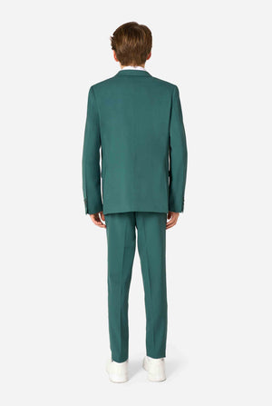Teen boy wearing a stylish dark green suit with a white dress shirt, smiling confidently. Perfect formal outfit for boys' special occasions, weddings, and parties. View from the back.