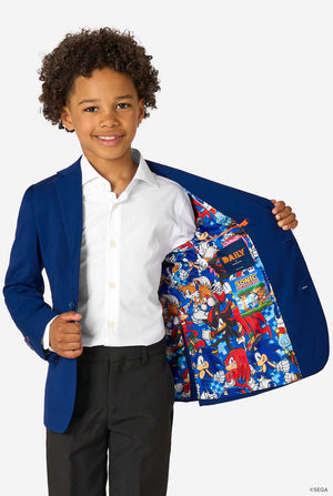 Child wearing a blue blazer with a colorful patterned lining on a white background