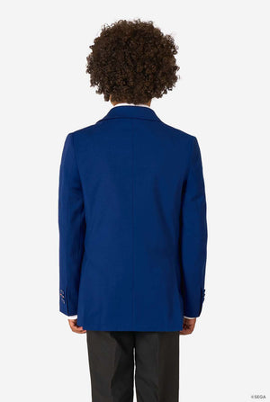 Person wearing a blue blazer on a white background
