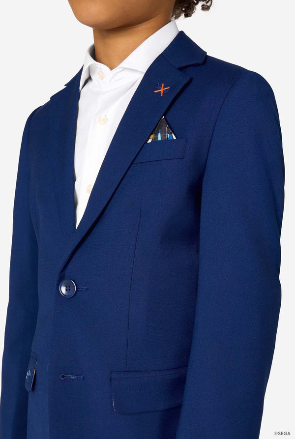 Blue blazer worn by a person on a white background