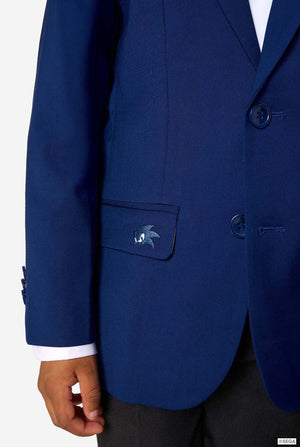 Blue blazer with a logo on the chest pocket against a white background
