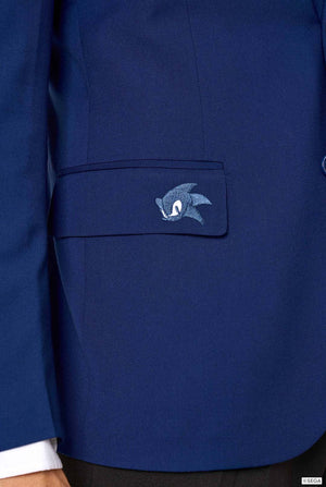 Close-up of a blue jacket with an embroidered logo on the chest pocket.