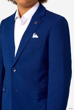 Blue blazer with a white shirt and pocket square on a white background