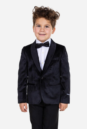 Kid wearing black velvet dinner jacket for boys