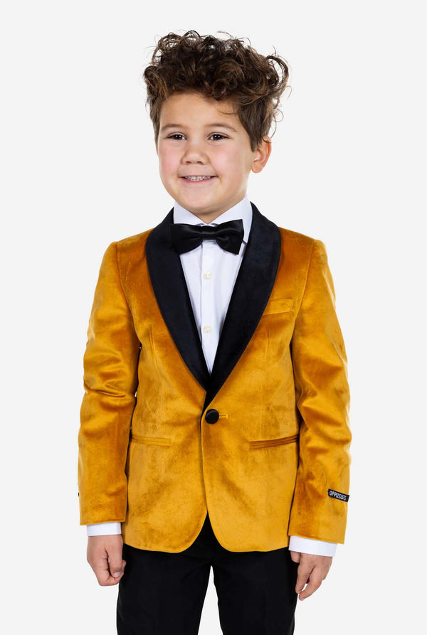 Kid wearing gold velvet dinner jacket for boys