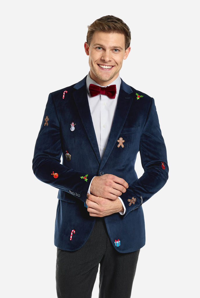 Man wearing navy blue Christmas blazer with Christmas embroidery