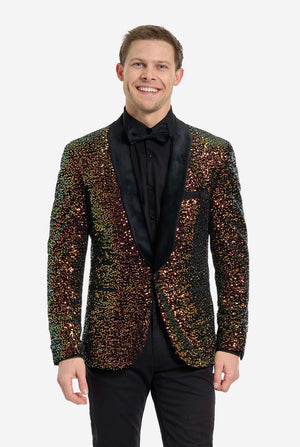 This image showcases a stylish men’s dinner jacket from OppoSuits Deluxe collection, featuring dazzling amber sequins that create a shimmering effect. The sequin blazer has a sleek satin lapel, a tailored fit. The model pairs it with a classic black dress shirt and bow tie, making this jacket perfect for formal events, holiday parties, or New Year celebrations. Ideal for men who want to stand out with bold, luxurious, and festive attire.