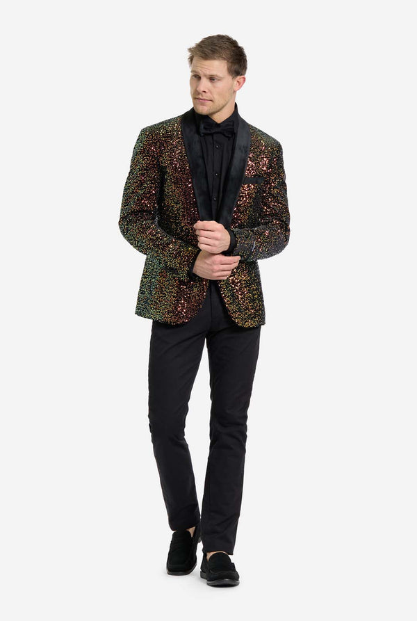 This image showcases a stylish men’s dinner jacket from OppoSuits Deluxe collection, featuring dazzling amber sequins that create a shimmering effect. The sequin blazer has a sleek satin lapel, a tailored fit. The model pairs it with a classic black dress shirt and bow tie, making this jacket perfect for formal events, holiday parties, or New Year celebrations. Ideal for men who want to stand out with bold, luxurious, and festive attire. Full body image.