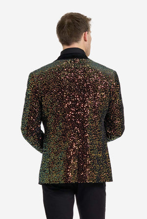 This image showcases a stylish men’s dinner jacket from OppoSuits Deluxe collection, featuring dazzling amber sequins that create a shimmering effect. The sequin blazer has a sleek satin lapel, a tailored fit. The model pairs it with a classic black dress shirt and bow tie, making this jacket perfect for formal events, holiday parties, or New Year celebrations. Ideal for men who want to stand out with bold, luxurious, and festive attire. View from the back.