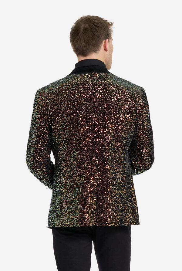 This image showcases a stylish men’s dinner jacket from OppoSuits Deluxe collection, featuring dazzling amber sequins that create a shimmering effect. The sequin blazer has a sleek satin lapel, a tailored fit. The model pairs it with a classic black dress shirt and bow tie, making this jacket perfect for formal events, holiday parties, or New Year celebrations. Ideal for men who want to stand out with bold, luxurious, and festive attire. View from the back.