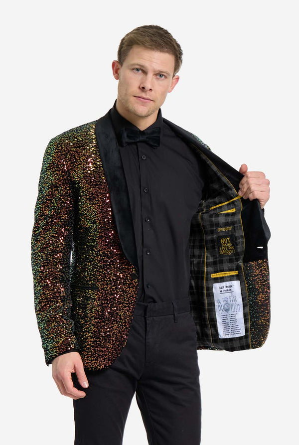 This image showcases a stylish men’s dinner jacket from OppoSuits Deluxe collection, featuring dazzling amber sequins that create a shimmering effect. The sequin blazer has a sleek satin lapel, a tailored fit. The model pairs it with a classic black dress shirt and bow tie, making this jacket perfect for formal events, holiday parties, or New Year celebrations. Ideal for men who want to stand out with bold, luxurious, and festive attire. 