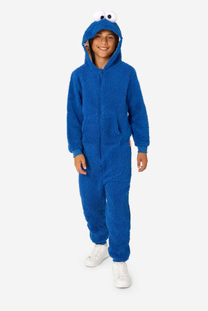 A kid is wearing a blue sesame street onesie resembling Cookie Monster.  Full body image