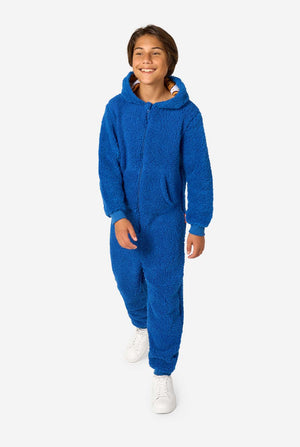 A kid is wearing a blue sesame street onesie resembling Cookie Monster. Full body image