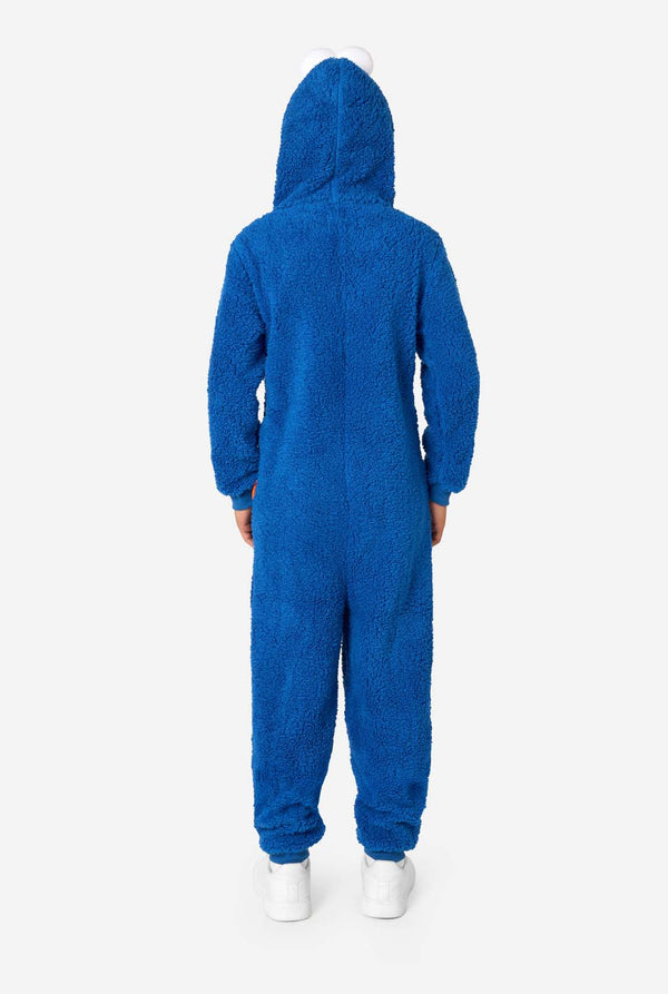A kid is wearing a blue sesame street onesie resembling Cookie Monster. View from the back