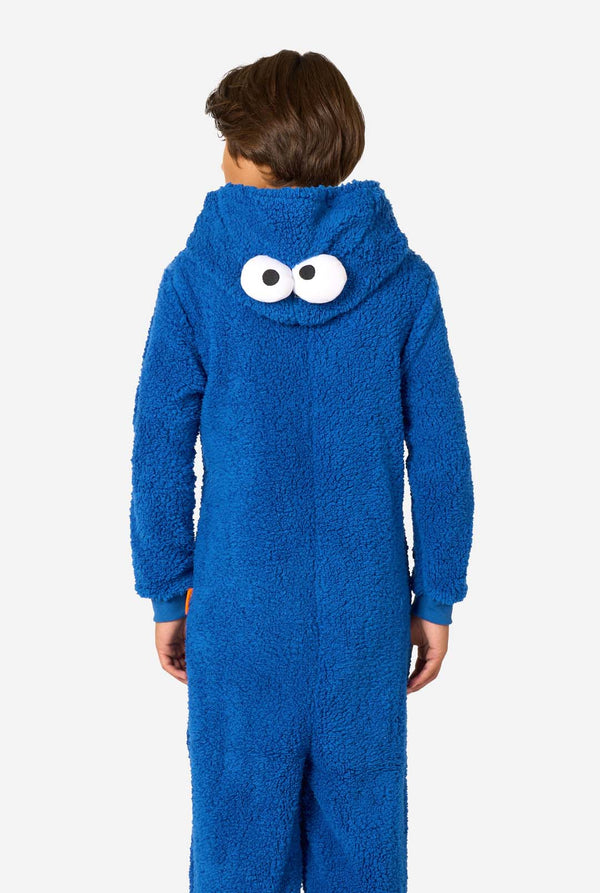 A kid is wearing a blue sesame street onesie resembling Cookie Monster. View from the back