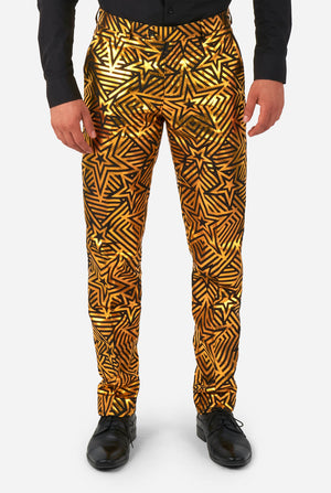 Men wearing golden suit with star print, pants view