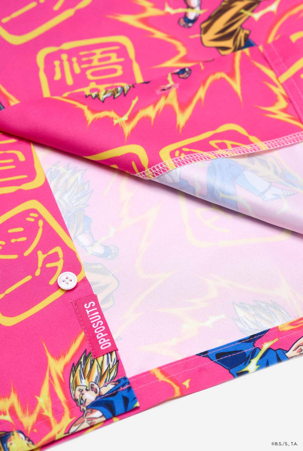 Image of pink summer set consisting of shirts and shorts. Summer set has Dragon Ball Z Goku and Vegeta fighting print.