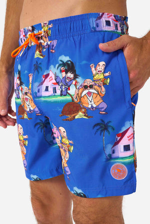 Men's blue Dragon Ball-themed swim shorts featuring Goku, Krillin, Master Roshi, and other characters at Kame House. Perfect for anime fans at the beach or pool. 