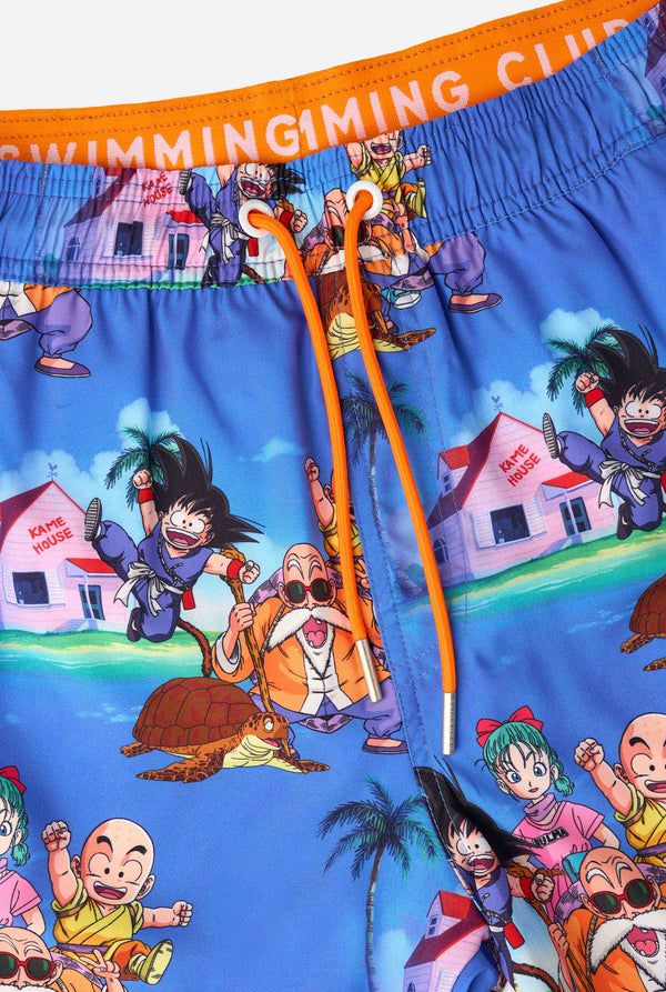 Men's blue Dragon Ball-themed swim shorts featuring Goku, Krillin, Master Roshi, and other characters at Kame House. Perfect for anime fans at the beach or pool. 