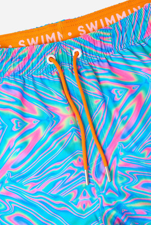 Colorful swim shorts with a tie-dye pattern and orange drawstrings on a white background.