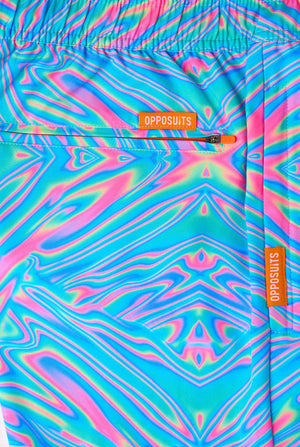 Colorful tie-dye shorts with 'OPPOSUITS' branding on a matching bag.