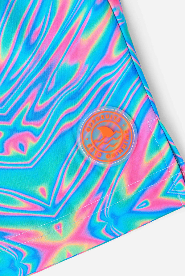 Men's vibrant holographic swim shorts with a mesmerizing blue, pink, and purple swirl design. Eye-catching and stylish swimwear for summer fun.