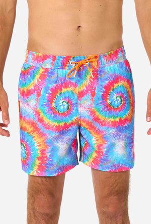 Men's rainbow tie-dye swim shorts with a bold, colorful spiral pattern. A fun and trendy choice for beach days and pool parties.