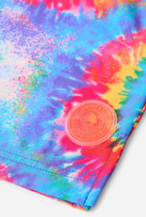 Men's rainbow tie-dye swim shorts with a bold, colorful spiral pattern. A fun and trendy choice for beach days and pool parties.
