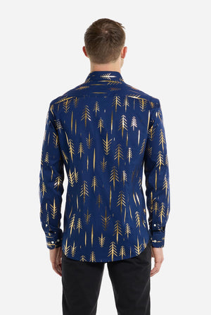 Man wearing dark blue Christmas shirt with golden foil trees, view from the back