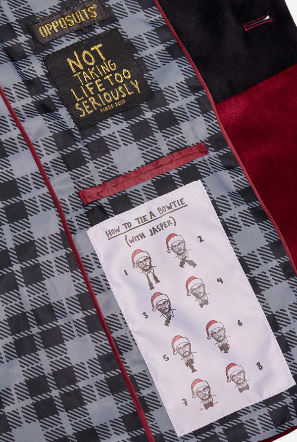 Man wearing burgundy red dinner jacket blazer, close up inside