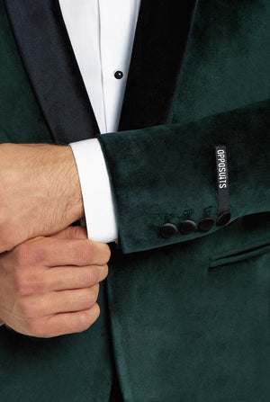Man wearing dark green dinner jacket blazer, close up