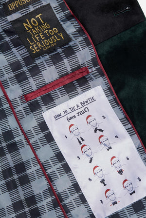 Man wearing dark green dinner jacket blazer, close up inside