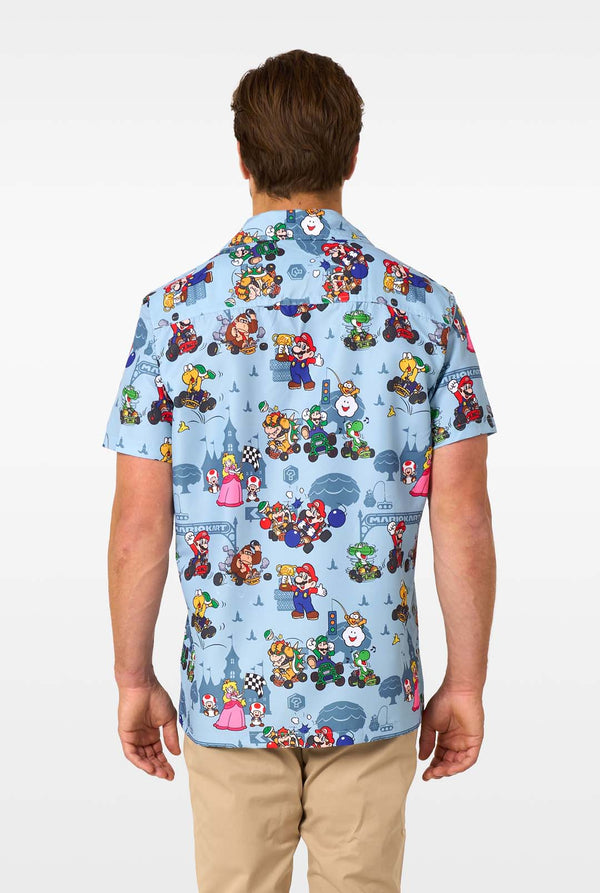 Back view of Mario Kart shirt showing all-over print with characters like Mario, Yoshi, and Princess Peach.