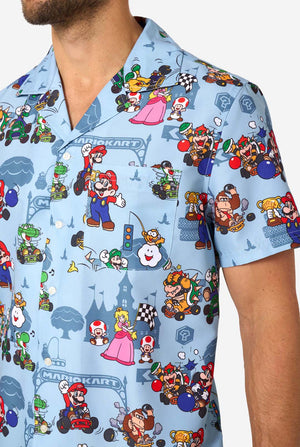 Close-up of Mario Kart shirt chest area with character designs and front pocket detail.