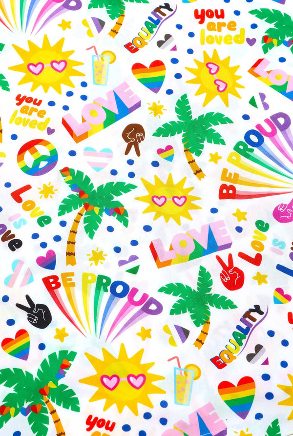 Image of a white Hawaiian shirt with a rainbow pride print. The Print consists of peace symbols, hearts, and other icons. Close-up.