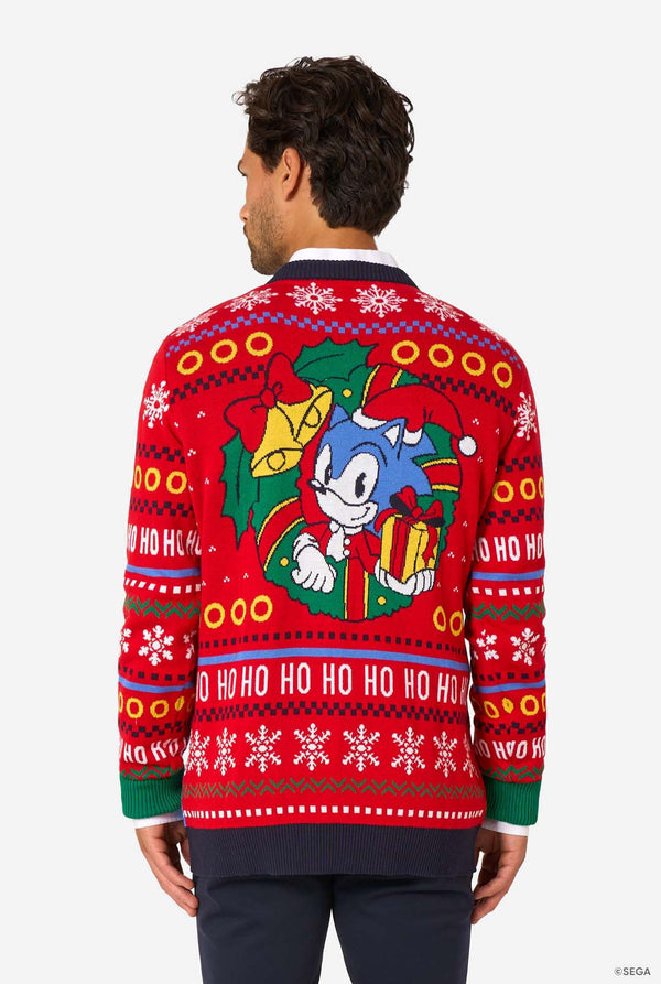 Man wearing a colorful knitted Christmas sweater featuring Sonic and friends in festive holiday scenes. View from the back.