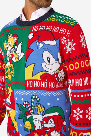 Man wearing a colorful knitted Christmas sweater featuring Sonic and friends in festive holiday scenes. Close-up.