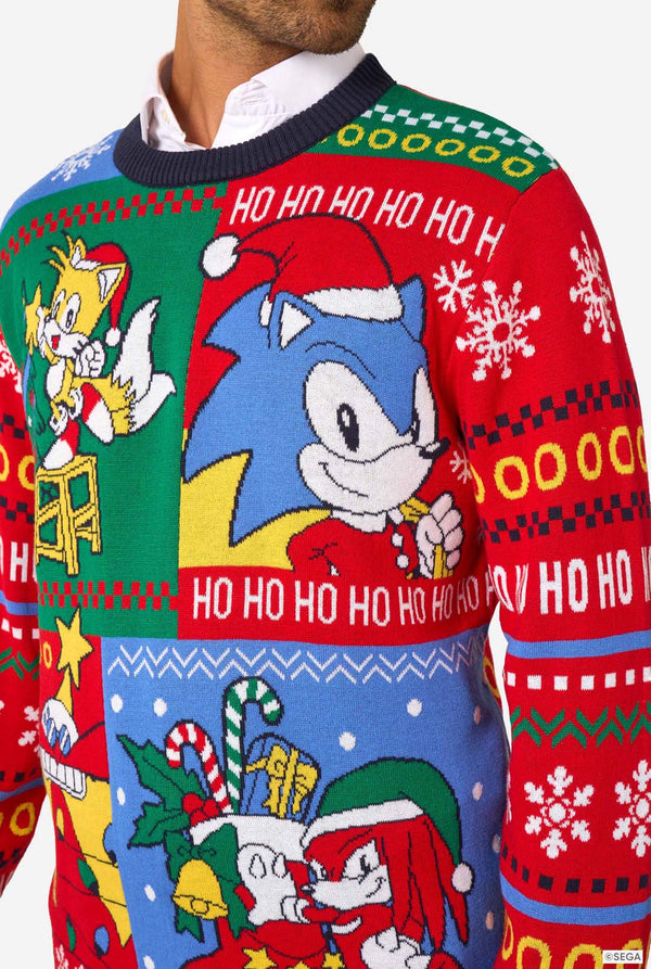 Man wearing a colorful knitted Christmas sweater featuring Sonic and friends in festive holiday scenes. Close-up.