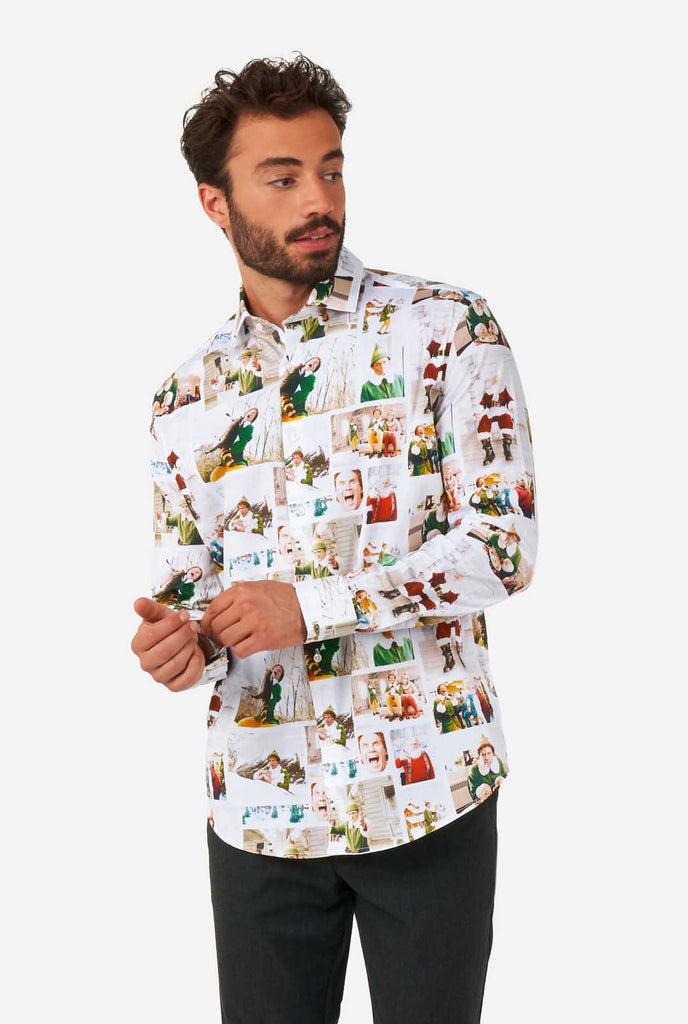 Man wearing Men's Christmas shirt with Elf print 