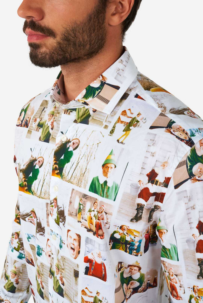 Man wearing Men's Christmas shirt with Elf print, close up