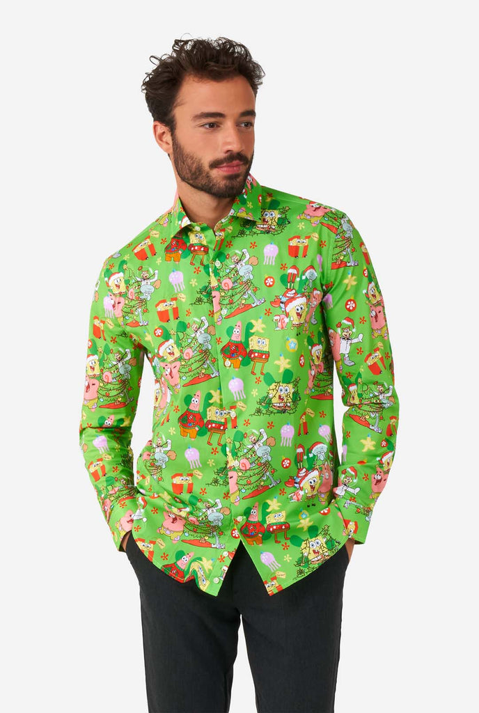 Man wearing green Christmas themed Men's Shirt Spongebob shirt